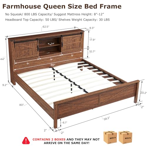 T4TREAM Farmhouse Full Size Bed Frame w/Storage Bookcase Headboard, Sliding Barn Door, Charging Station, Rustic Wood Platform Bed w/Wood Slats Support, No Box Spring Needed, Reclaimed Barnwood Color