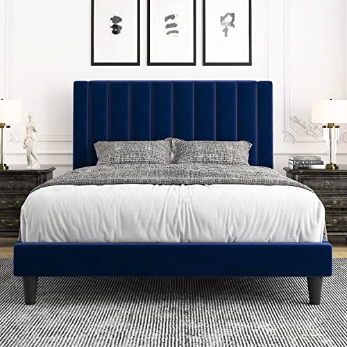 Allewie Full Bed Frame/Velvet Upholstered Bed Frame with Vertical Channel Tufted Headboard/Strong Wooden Slats/Platform Bed Frame/Mattress Foundation/Box Spring Optional/Easy Assembly/Green