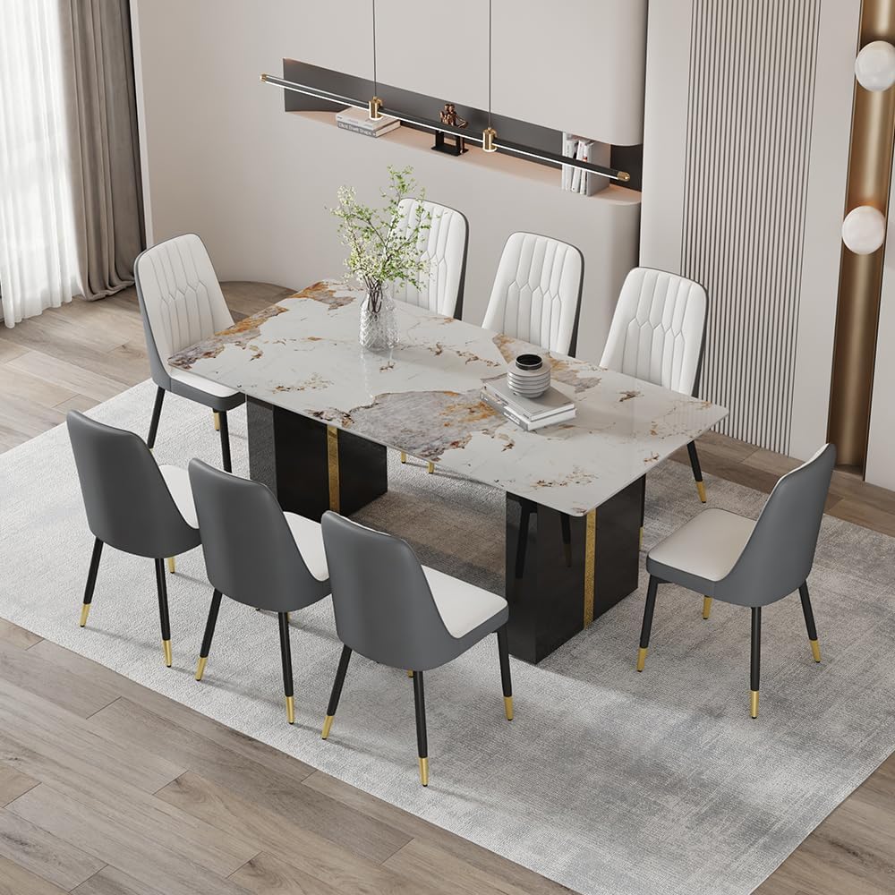 71'' Kitchen Table Set for 8，8 Chairs Dining Table Set, Dining Faux Marble Table Set for 8 with PU Leather Chairs for Kitchen, Dining, Bar, Living Room
