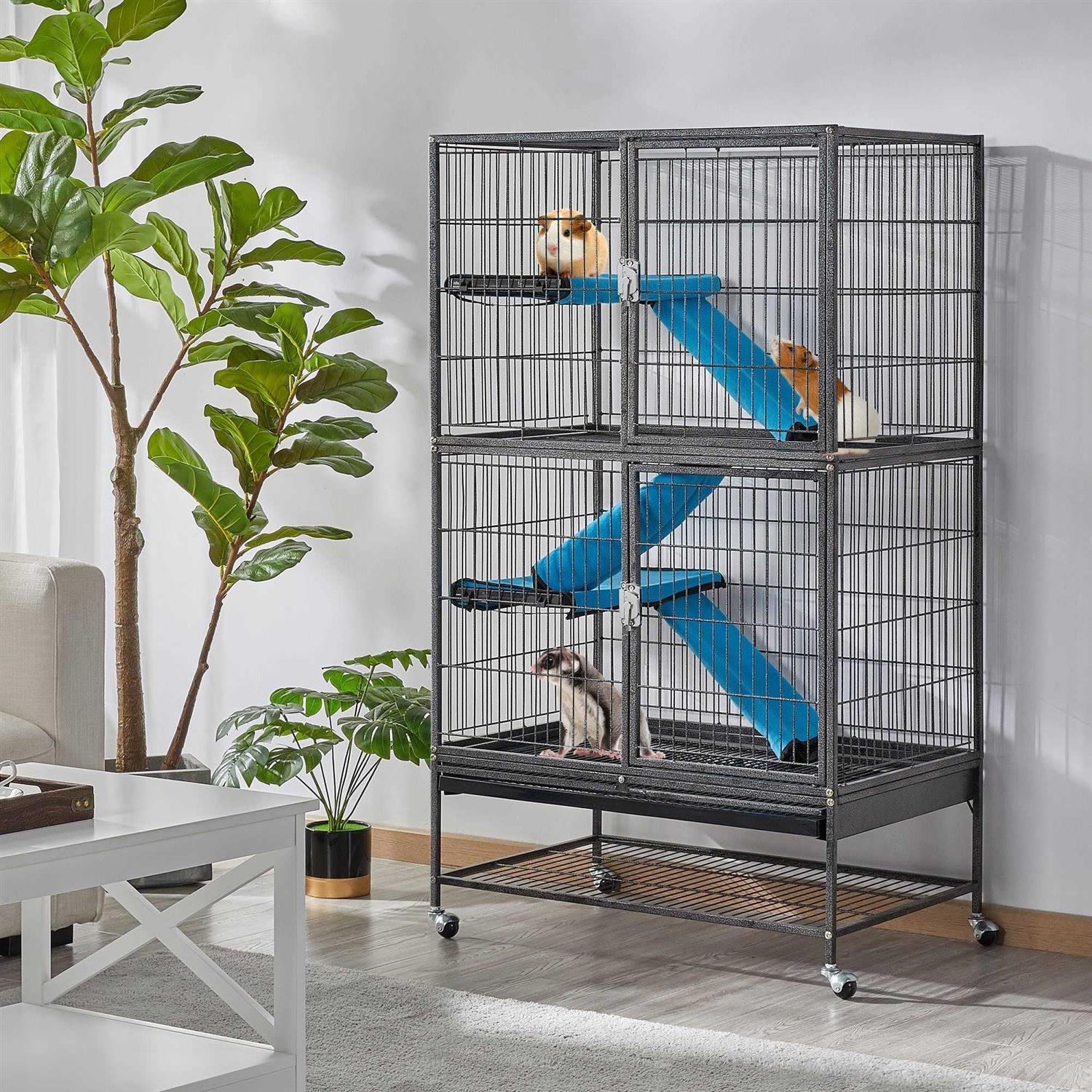 Topeakmart Hammered Black Rolling Metal Small Animal Cage with Removable Ramp - Pet Supplies online store