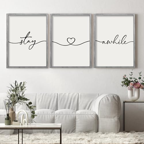 Houmury Set of 3 Framed Farmhouse Rustic Stay Awhile Wall Sign 11”x14” for Home Living Room Guest Room Entryway Wall Decor with Solid Wood Frame (11 * 14 Black)…