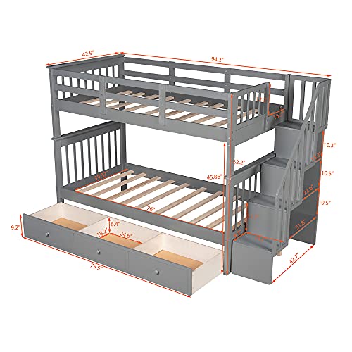 MERITLINE Twin Over Twin Bunk Beds with Stairs and Storage Drawers, Wooden Bunk Bed Frame with Guardrails and Storage Shelves, for Kids Boys Girls Teens Adults,No Box Spring Needed (White)