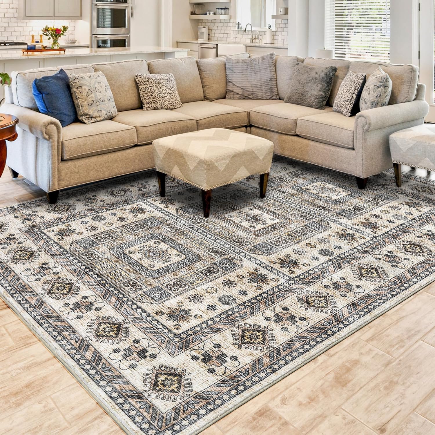 Vintage Washable Rug，8x10 Boho Area Rug for Living Room, Bedroom, Kitchen, Soft Non-Slip Foldable Indoor Rug, Sandy