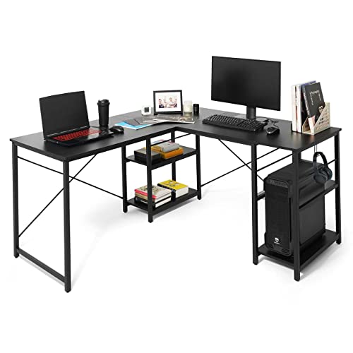 CAPHAUS Computer Desk, 51 Inch L-shaped Home Office Desk with 2-Tier Storage Shelves, Study Writing Corner Desk, Industrial Modern Laptop Workstation with Iron Hook, Rustic Oak and Black P2 Board