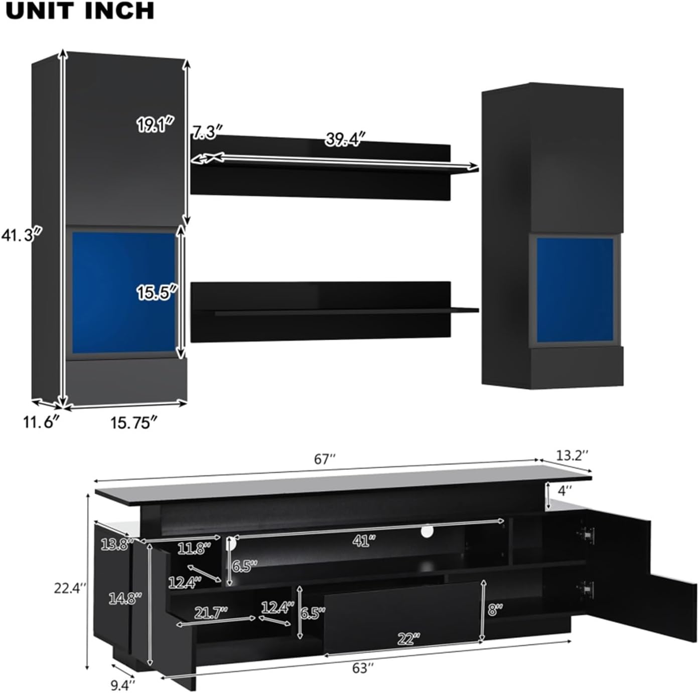 Tv cabinet, Functional TV stand, 5 Pieces Floating TV Stand Set, High Gloss Wall Mounted Entertainment Center with 16-color LED