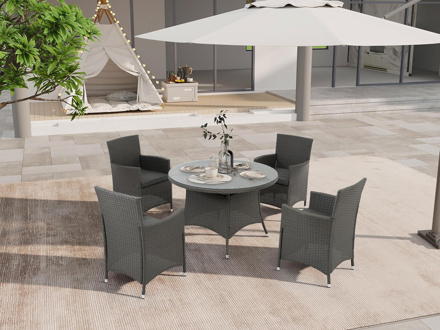 5-Piece Indoor Outdoor Wicker Dining Set Furniture with Cushions for Patio, Backyard w/Round Glass Tabletop, Umbrella Cutout, 4 Chairs, Grey