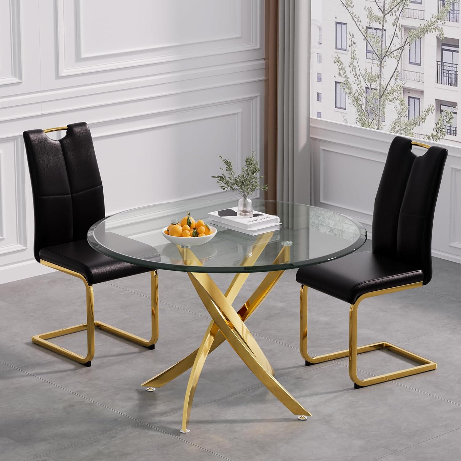 Round Dining Table Set for 2, 3-Piece Modern Glass Dining Room Set w/36in Round Dining Table & 2 PU Leather Chairs, Space-Saving Kitchen & Dining Room Set for Home, Living Room,Small Space, Gold Leg