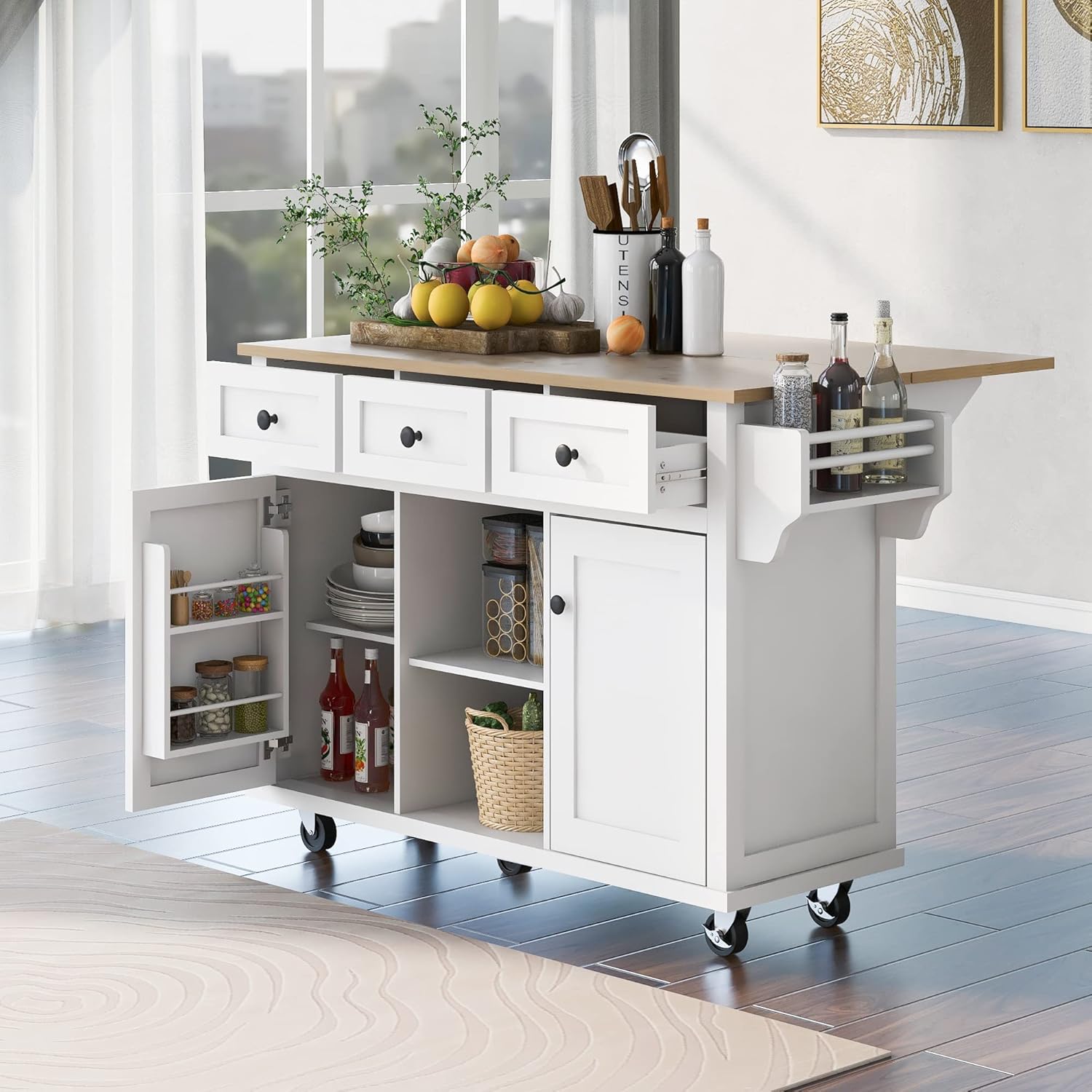 Kitchen Cart with Rubber Wood Drop-Leaf Countertop, Kitchen Island On 5 Wheels with Storage Cabinet, 3 Drawers and Internal Storage Racks, Rolling Mobile Portable Serving Carts (White)