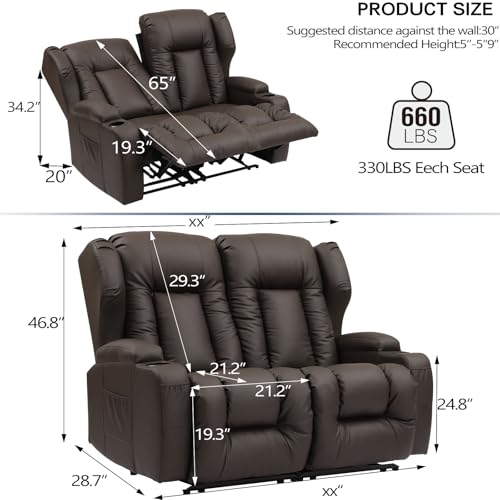 RV Loveseat Recliner Sofa for Home Theater - Ergonomic Reclining Love Seats with Console, Cup Holders, Storage, Lumbar Support - Manual Recliner Chair for Living Room, RV, Home Theater (Beige, 65.5