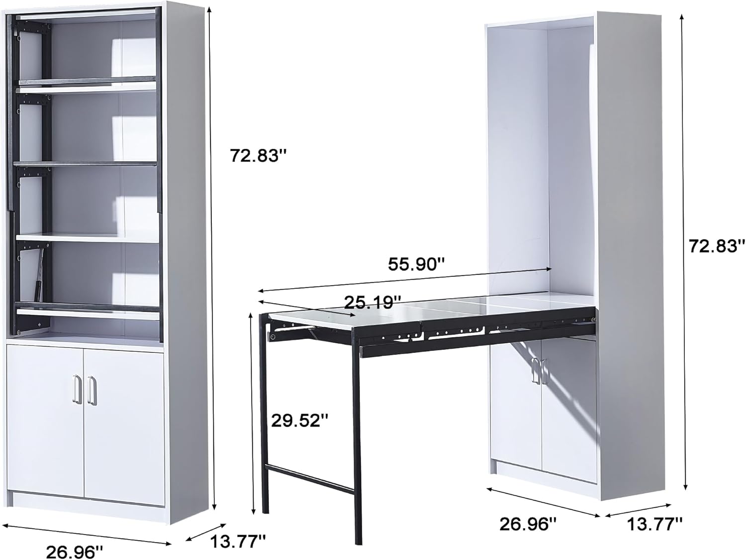 Fold-Out Convertible Cabinet Table with Storage, Wall Mounted Shelves Fold Down Desk, Multifunction Foldable Dining Office Table with Large Storage in Dining Room, Office, Kitchen