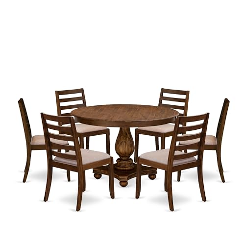 East West Furniture F2X17-0N-04 7-piece Dining Room Table Set included a Round Kitchen Table and 6 Light Tan Linen Fabric stackable Dining Chairs, Antique Walnut Finish