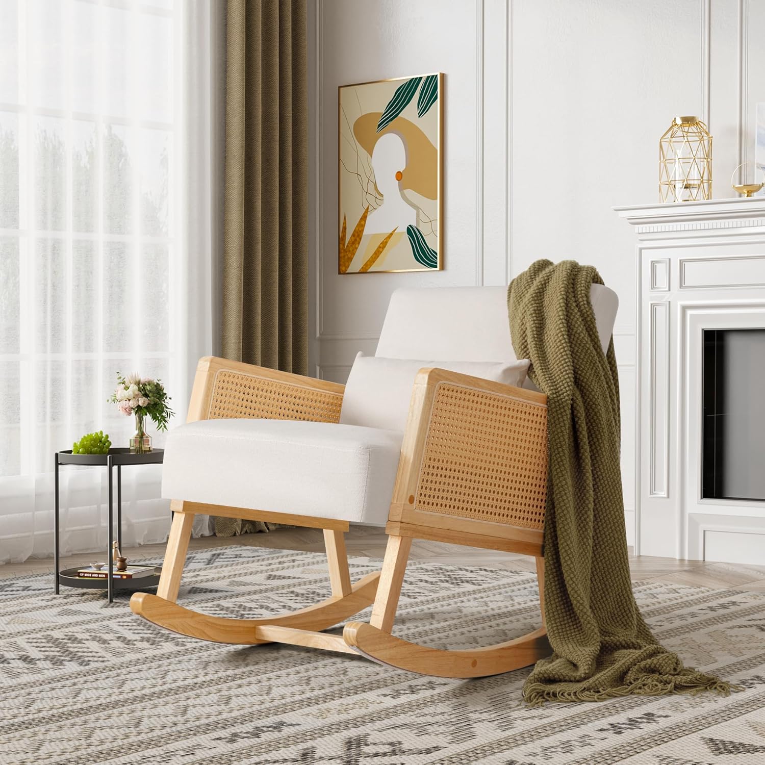 Accent Rocking Chair with Cushion and Armrest Upholstered Glider for Living Room, Home Office, White