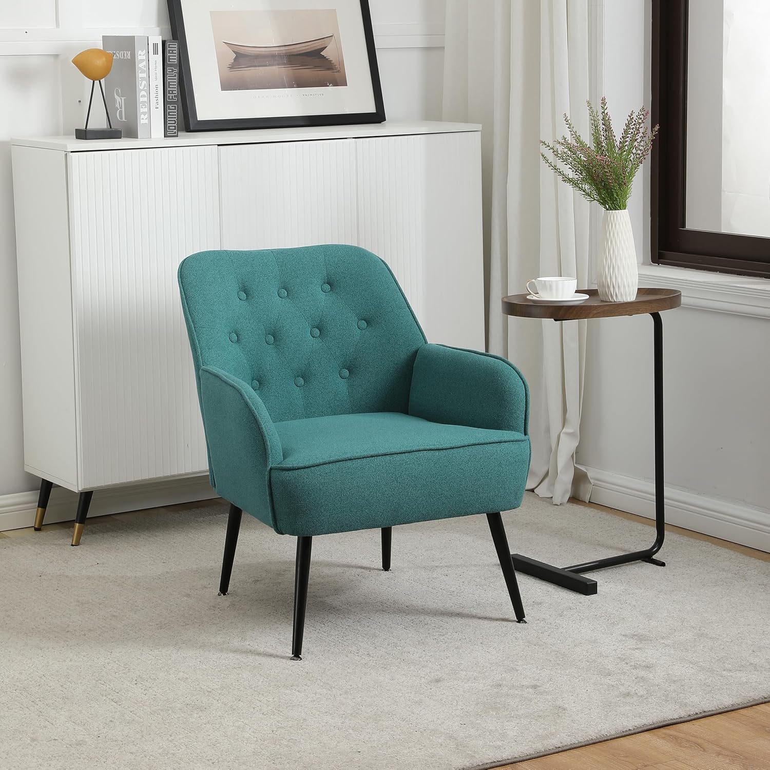 Modern Mid Century Chair Linen Sherpa Armchair for Living Room Bedroom Office Easy Assemble(Green)