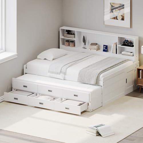 Twin Size Daybed, Wooden Sofa Bed Frame with Twin Trundle, Three Storage Drawers, and Storage Bookcase Headboard, Sturdy Wood Slat Support, No Box Spring Needed, Easy Assembly (White)