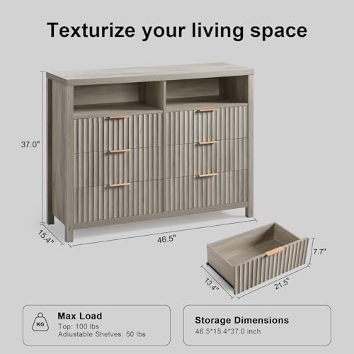 Oxford Fluted 8 Drawer Dresser for Bedroom, Wide Modern Wooden Chest of Drawers, TV Stand of Drawers, Wood Drawer Organizer, 46.5