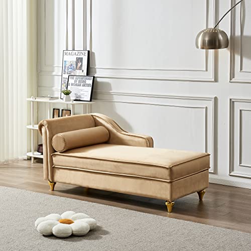 HomSof Chaise Lounge with Storage, Grey Velvet Reclining Chair with Metal Legs and 1 Round Pillow