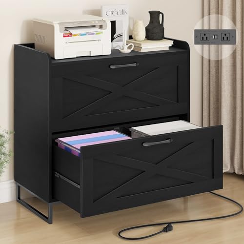 File Cabinet 2 Drawers Lateral File Cabinet with Charging Station for Letter/Legal/A4 Size Hanging Files, Large Wood File Storage Cabinets Printer Stand for Home Office, Brown
