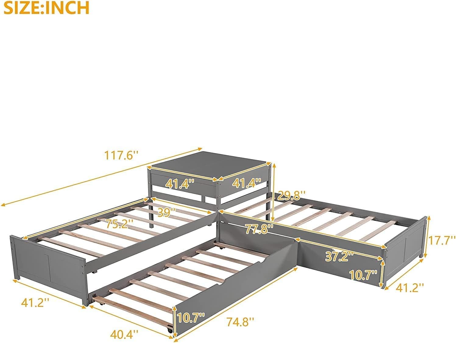 CITYLIGHT L-shaped Platform Bed with Trundle and Drawers Linked with built-in Desk, Wood Corner Bed with 3 Twin Beds for Kids Girls Boys Teens Bedroom (Twin,Espresso)