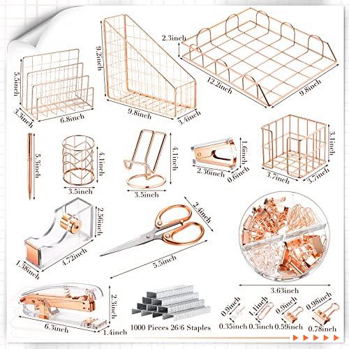 Yaomiao 13 Pcs Desk Accessories Kit Organizer Office Supplies Women Gift Set Acrylic Stapler Staple Remover Tape Holder Pen Cup Magazine File Letter Sorter Note Clip Phone Holder Scissor(Gold)