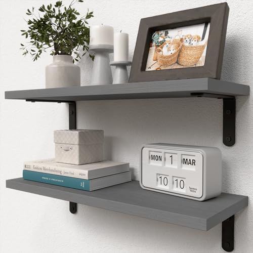 RICHER HOUSE Rustic Wood Bathroom Shelves Set of 2, Farmhouse Style Floating Shelf for Wall Décor, Hanging Shelves for Bedroom, Storage, Kitchen, Living Room - Grey