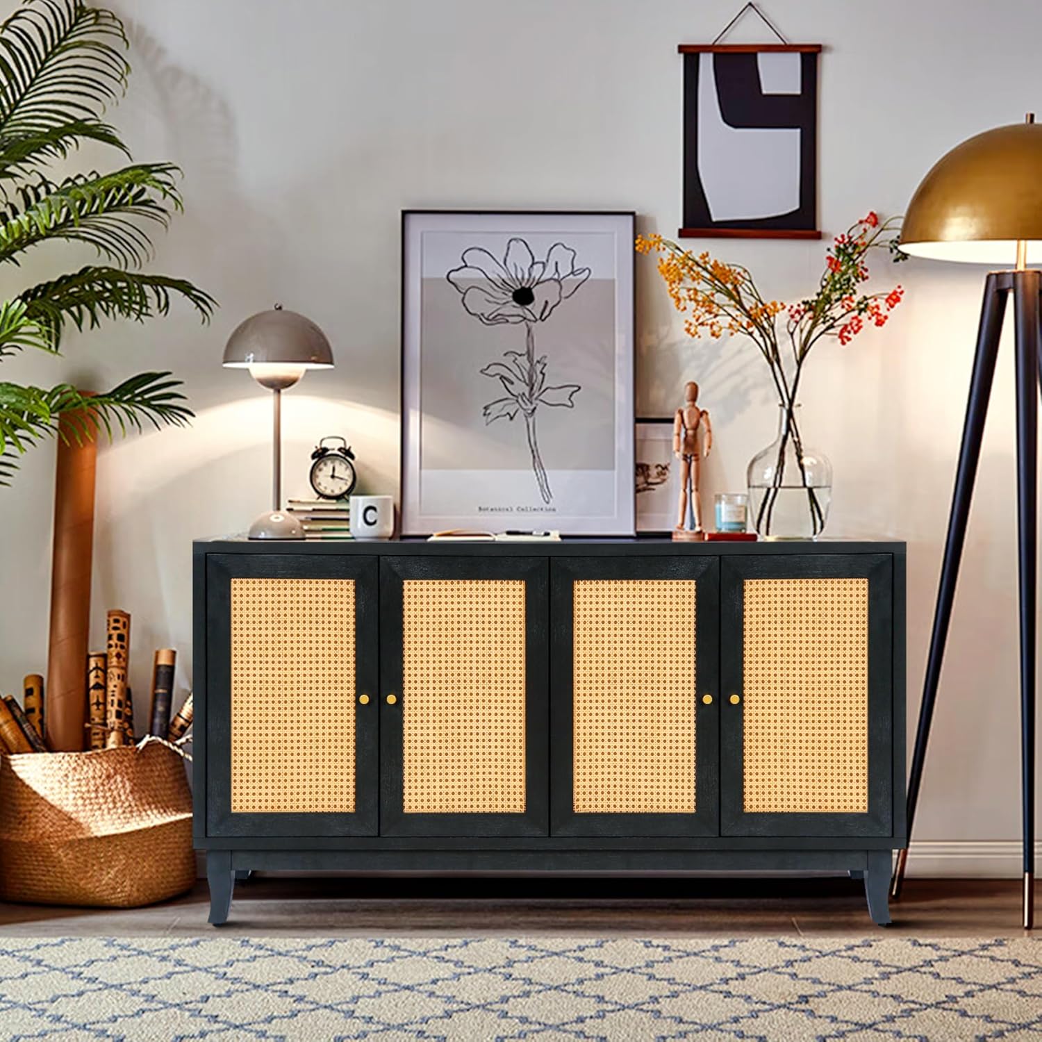 4 Rattan Doors Accent Cabinet Hallway Console Table W/Adjustable Shelf Grey Classic Modern Contemporary Rectangular MDF Natural Finish Adjustable Shelving Hidden Storage