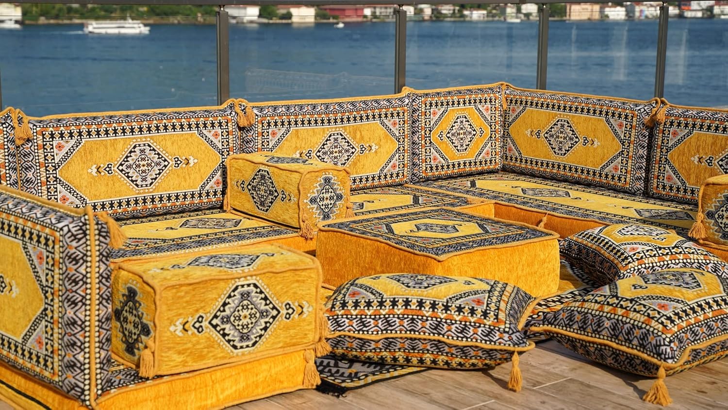 U Shaped Arabic Sofa Set, Floor Cushions, Patio Sofas, Floor Sofa, Pallet Sofa, Ethnic Sofa, Moroccan Rug, Sectional Sofas, Arabic Majlis Set (4'' Thickness Sofa, U Sofa Full Set, Yellow)