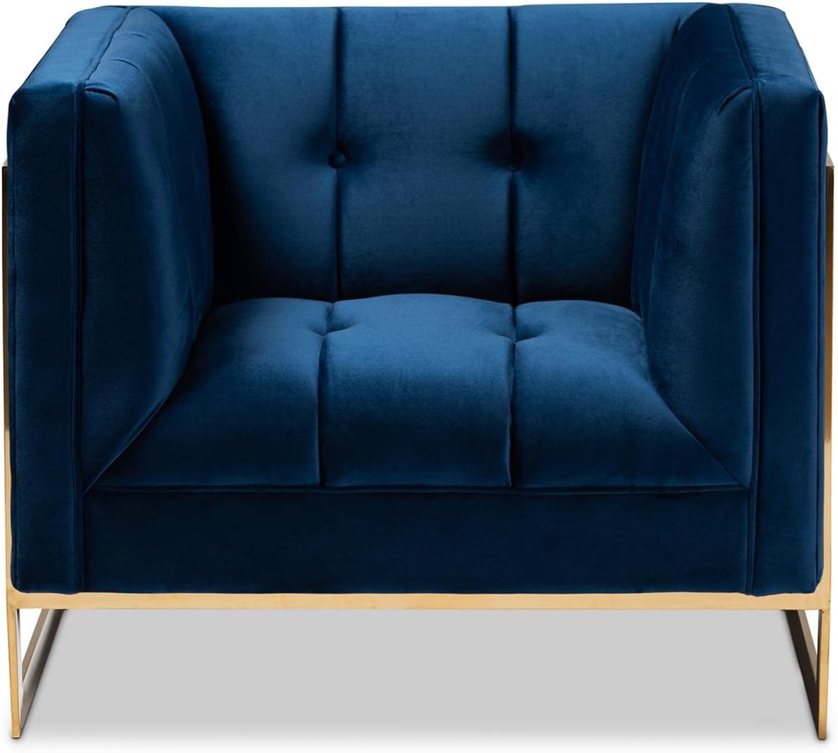 Baxton Studio Ambra Glam and Luxe Navy Blue Velvet Fabric Upholstered and Button Tufted Armchair with Gold-Tone Frame