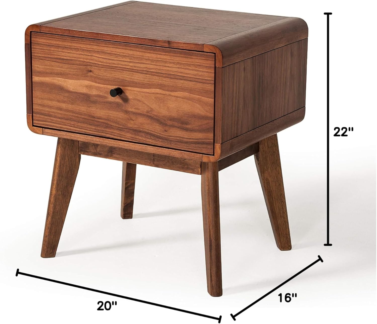 Erin Collection Mid-Century Style Bedroom Veneer Finished 1 Drawer Nightstand With Solid Rubberwood Legs, Walnut