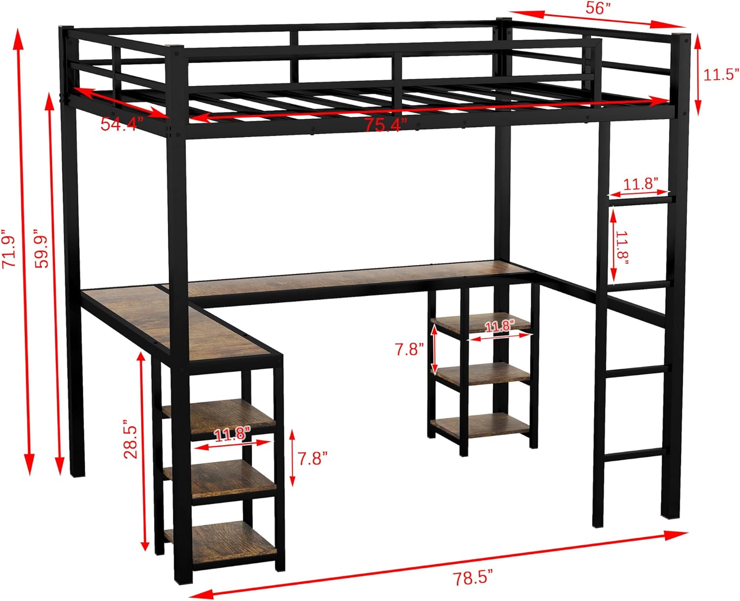 CITYLIGHT Full Size Loft Bed with L Shaped Desk and Storage Shelves Metal Full Loft Bed with Built-in Ladders and Guardrails, Noise Free, No Box Spring Needed (Full, Black)