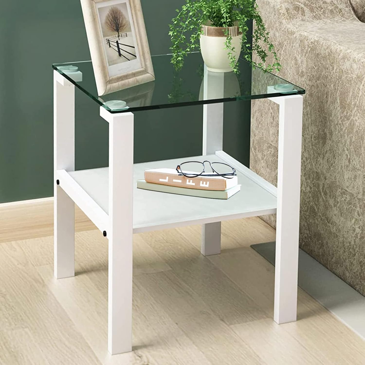 Glass End Table, Living Room Sofa Side Table, 2 Layer White Small Corner Table, Night Stands for Bedroom Mordern Furniture (White-End Table (1 piece))