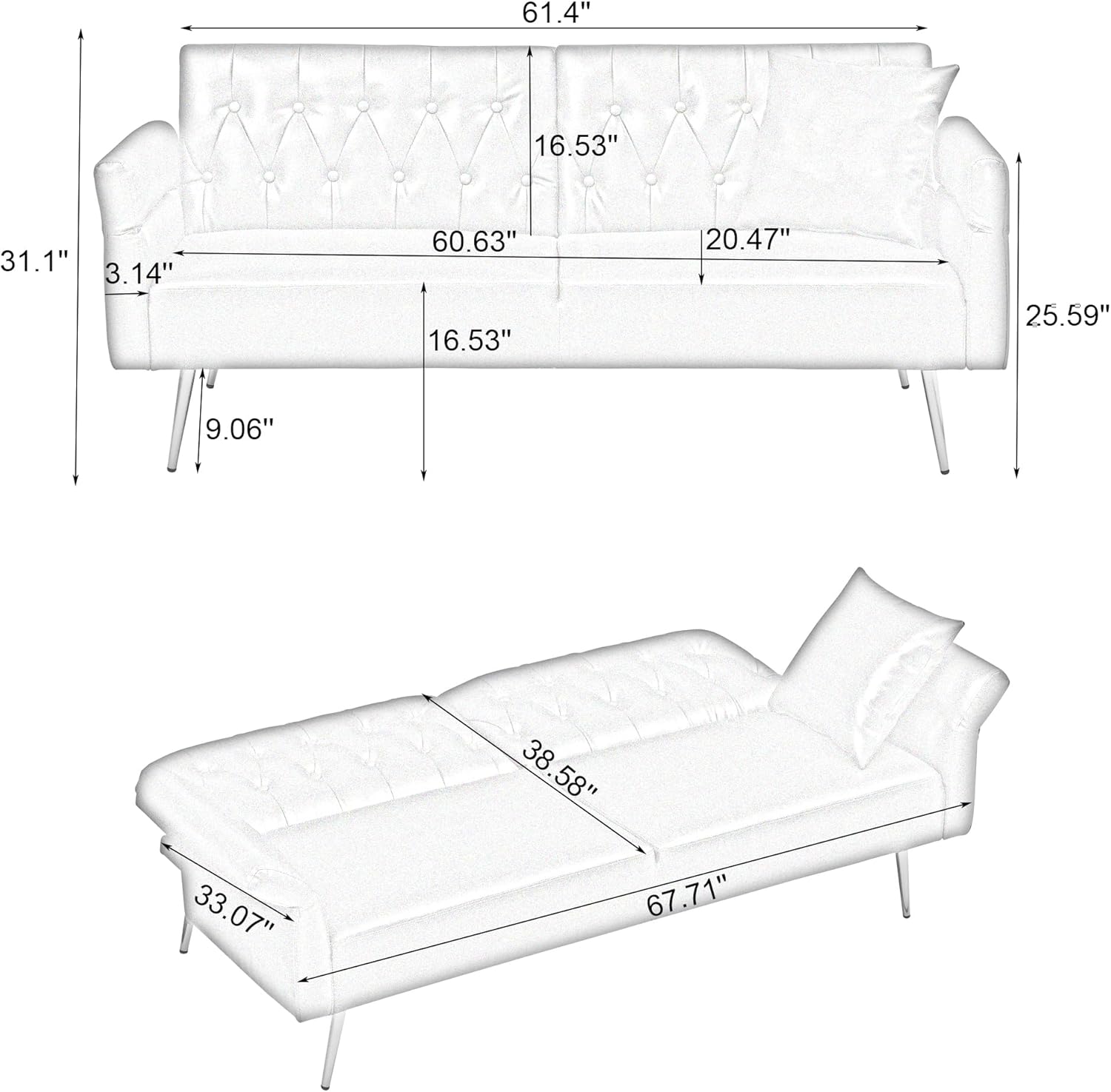 67.71, Inch Faux Leather Sofa Bed with Adjustable Armrests, 3, in, 1 Convertible, Medium, Soft Seating, Compact for Small Spaces, Contemporary Design, White