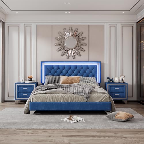 Modern 4-Pieces Bedroom Sets, Queen Size Velvet Upholstered Bed with Rivet Design Headboard, 2 Nightstands and Tufted Storage Ottoman (Blue-4ST)