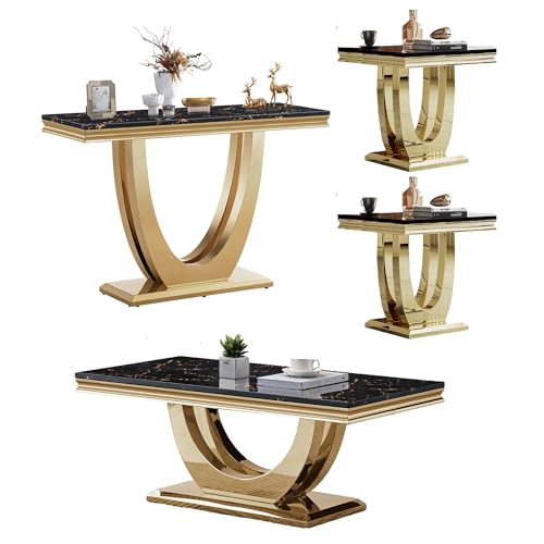 2 Piece Living Room Table Set Include 1 Faux Marble Coffee Table & 1 End Table, Modern Black Gold Coffee Table Set of 2 with Double U Stainless Steel Pedestal Base