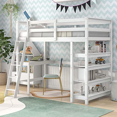 TMEOSK Twin Solid Wood Loft Bed Frame with Desk & Storage Shelves, Angle Ladder and Guardrails for Girls Boys Bedrooms (Espresso)