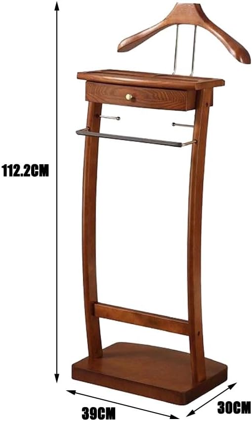 Solid Wood Suit Rack with Pants Bracket, Metal Valet Stand with Heavy Base, Wooden Clothes Valet with Tie Holder, for Living Room, Office, Bedroom 39x30x112.2CM
