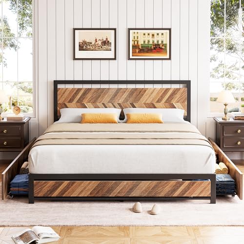 Queen Bed Frame with 4 Storage Drawers, Rustic Vintage Metal Platform Bed Frame with Headboard, Strong Metal Slats Support, No Box Spring Needed, Noise Free, Easy Assemble