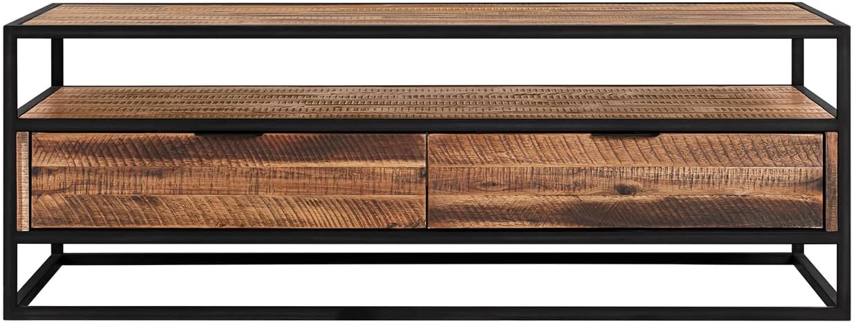 Armen Living Ludgate Rectangle 2 Drawer Coffee Table with Storage Shelf, 50 x 18 x 16, Rustic Acacia Wood and Black Metal