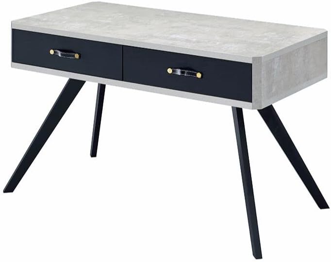 Acme Magna Wooden Writing Desk with 2 Drawers in Faux Concrete and Black