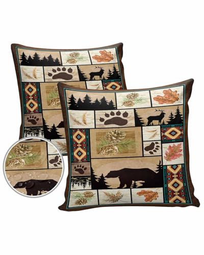Outdoor Pillow Covers Waterproof, Boho Fall Throw Pillowcase Decorative Cover, Ethnic Vintage Bear Deer Wooden Garden Cushion Case Set of 2 for Sofa, Couch, Tent, Patio, 18