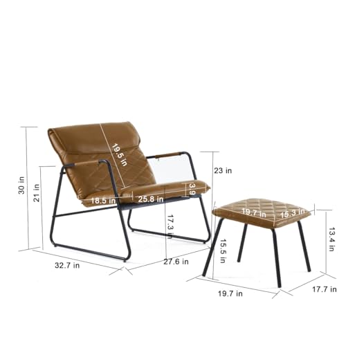 Faux Leather Accent Chair with Ottoman, Metal Frame, Mid Century Modern Comfy Lounge Arm Chair for Living Room Bedroom Office, Black