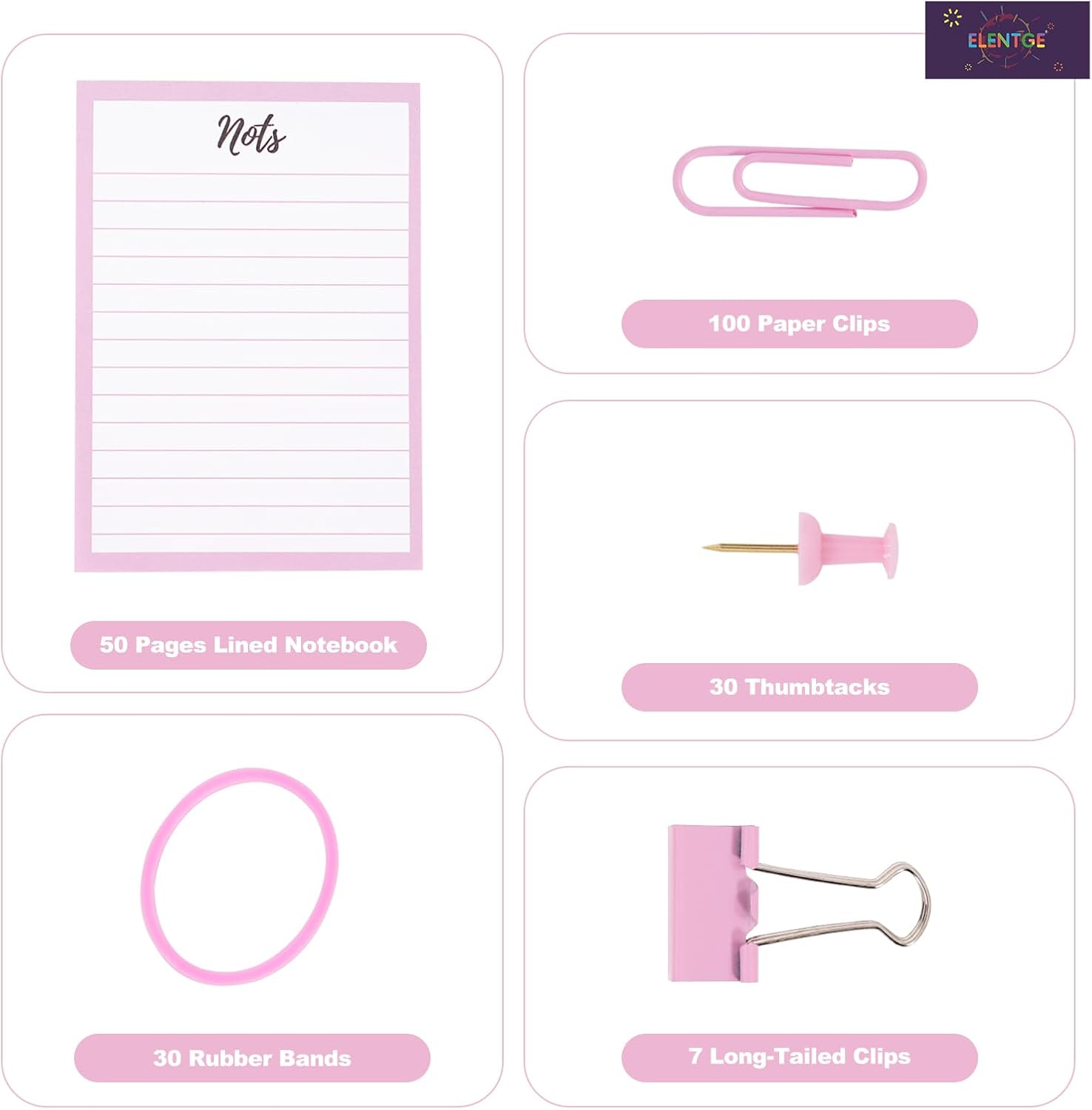 5pcs Pink Office Supplies Set, Pink Desk Accessories, Paper Clip Stapler Set for Women with Leather Bands, Horizontal Notebooks, Thumbtacks, Pins and Tailclips,Gifts for Students, Office Clerks