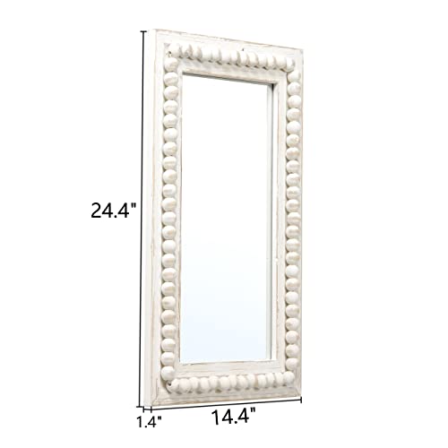 Boho White Mirrors for Wall Decor Living Room 24 x 16 Inches Hanging Rustic Wooden Bedroom Mirror with Beaded Detailing, Vintage Rectangular Bathroom Vanity Mirror Decor