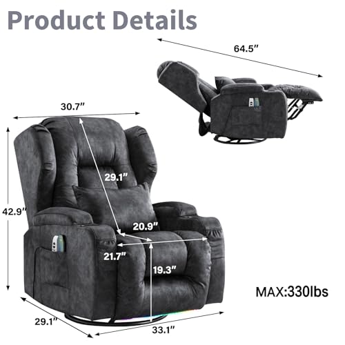 Power Swivel Rocker Recliner Chair,Rocking Chairs with Massage Heat,Electric Glider Reclining Nursery with Cup Holders,USB Ports for Living Room (Black, Set of 2)