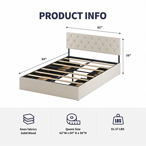 Platform California King Bed Frame with 4 Storage Drawers,California King Size Bed Frame and Headboard,Diamond Stitched Button Tufted Design,Wooden Slats Support,No Box Spring Needed,Dark Grey