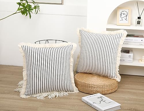 Set of 2 Light Blue Boho Throw Pillow Covers 16 x 16,Cotton Neutral Pillow with Tassel Fringe,Decorative Pillow Cover Pillow Case Cushion Cover for Bed Sofa Couch Farmhouse Living Room