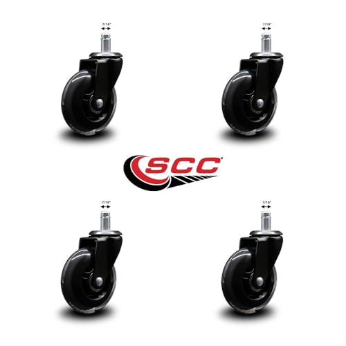 3 Inch Swivel Office Chair Caster Wheels for Furniture - Polyurethane Wheel with 7/16 Inch by 7/8 Inch Grip Ring Stem - Safe for Hardwood Floors & Carpet - 130 lbs. Per Caster - Service Caster Brand