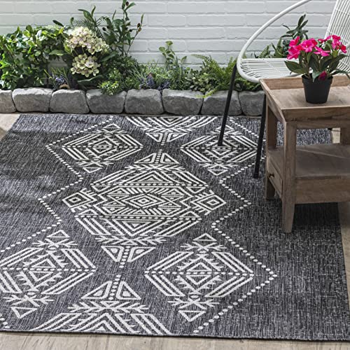 FH Home Flat Woven Outdoor Rug - Waterproof, Easy to Clean, Stain Resistant - Premium Polypropylene Yarn - Striped Boho - Large Patio, Deck, Sunroom - Amman - Blue - 7ft 8in x 9ft 8in