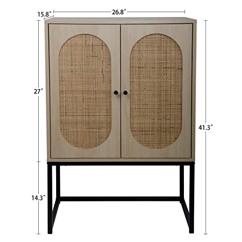 High Cabinet with Built-in Adjustable Shelf, 2 Rattan Doors and Metal Base, Natural 41.3