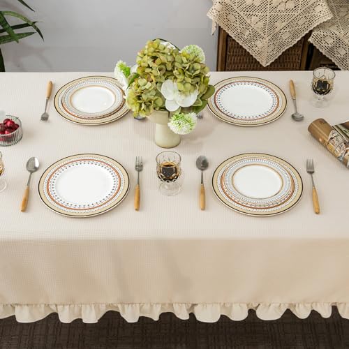 Waffle Weave Textured Rectangle/Oblong Tablecloth with Cotton Retro Ruffle Trim Solid Table Cover for Buffet Banquet Parties Event Holiday Kitchen Dining Farmhouse Decor Pea Green 55x84 Inches