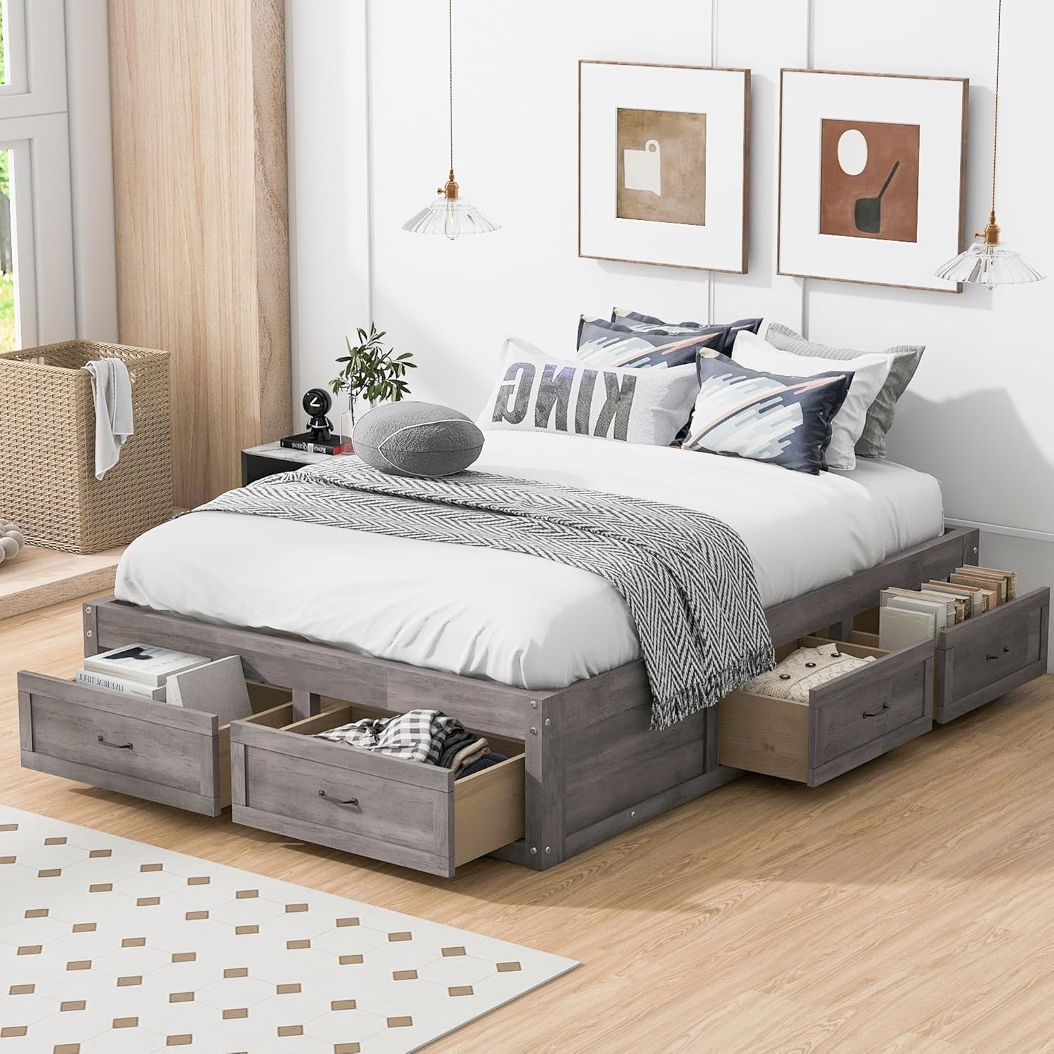 Full Size Platform Bed with 6 Storage Drawers,Antique Gray 76.8X 56.3X 15.9 inch(LxWxH)